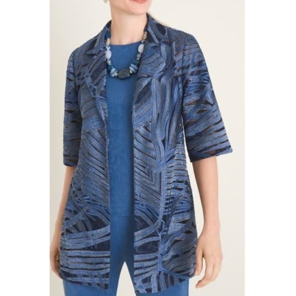 CHICO'S TRAVELERS Blue Whimsy Mesh Stripe Embroidered 3/4 Sleeve Jacket 4  26/28